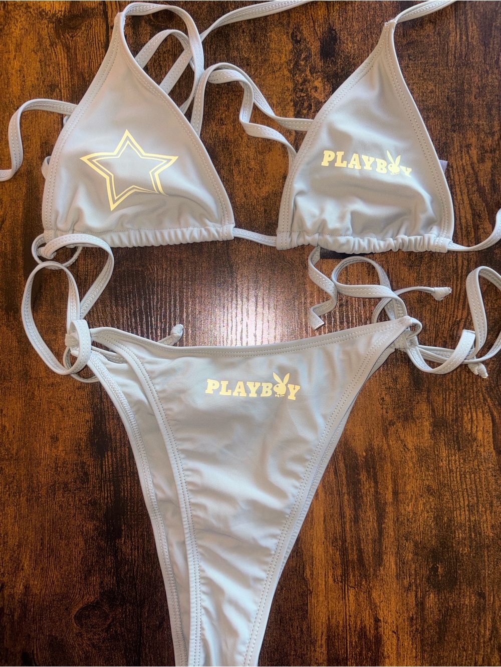 Playboy x Missguided Gray Triangle String Bikini Set - Yellow Logo